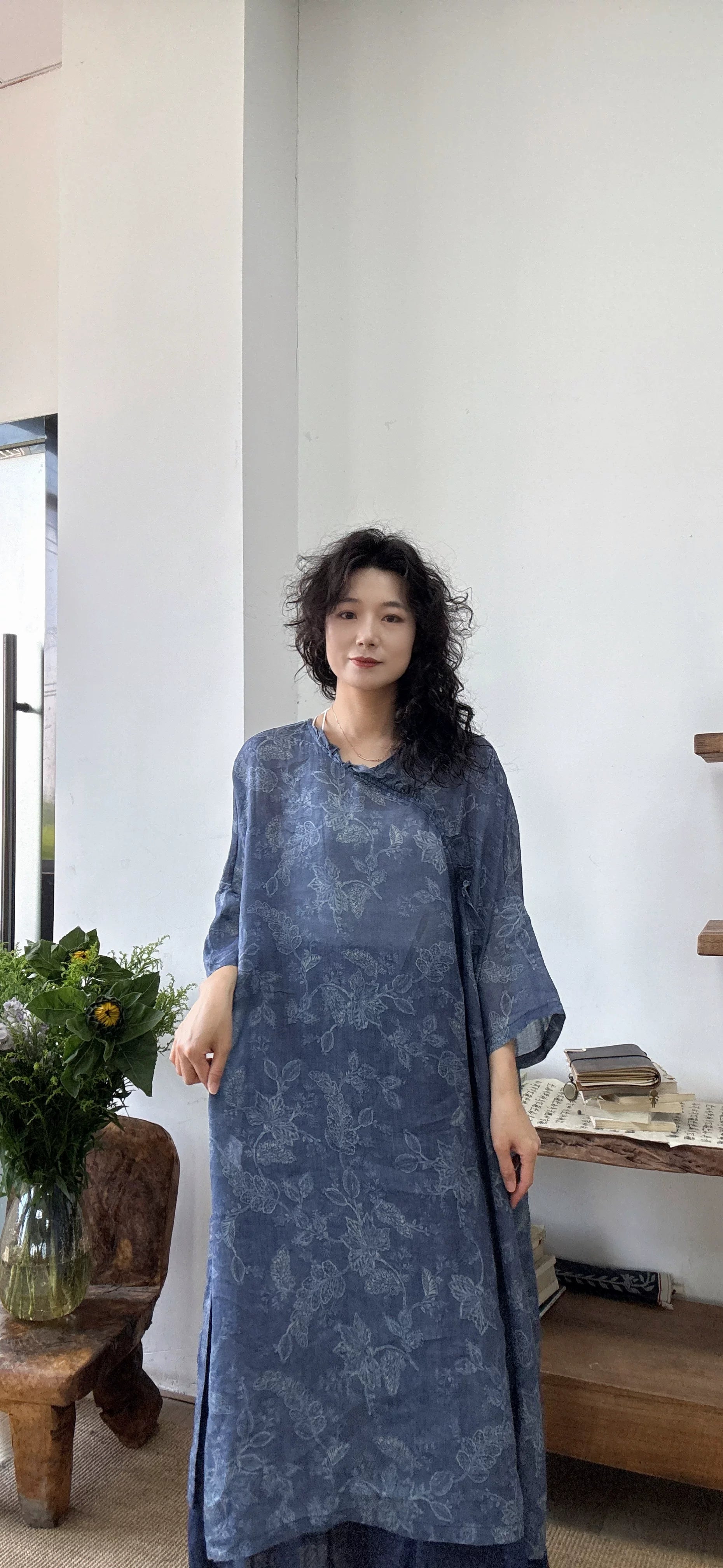 Relaxed Linen Midi Dress with Subtle Print