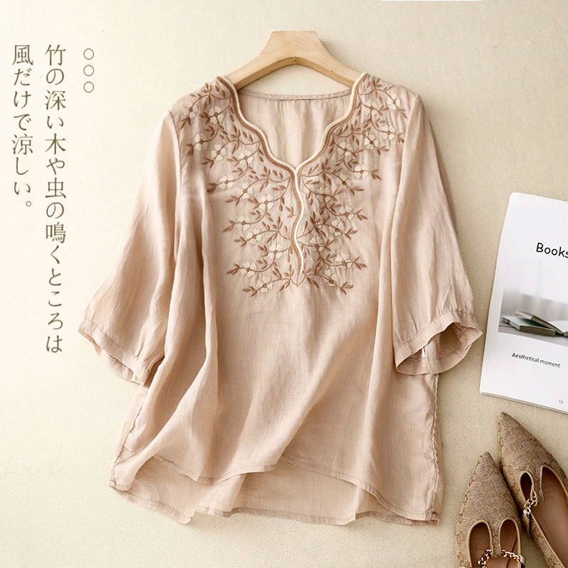 Embroidered Three Quarter Sleeve V-Neck Shirt