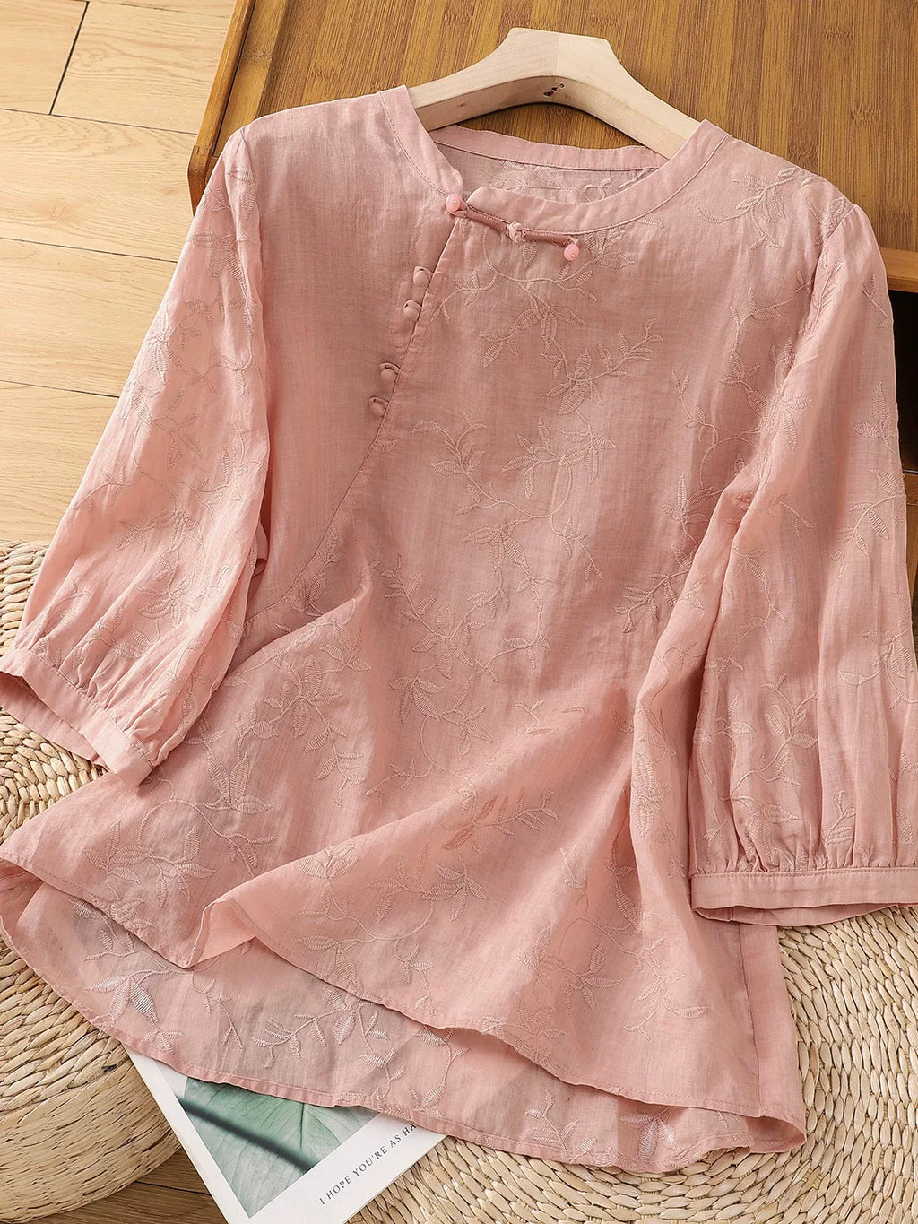 Embroidered Botanical Vine Cotton Linen Three Quarter Sleeve Shirt