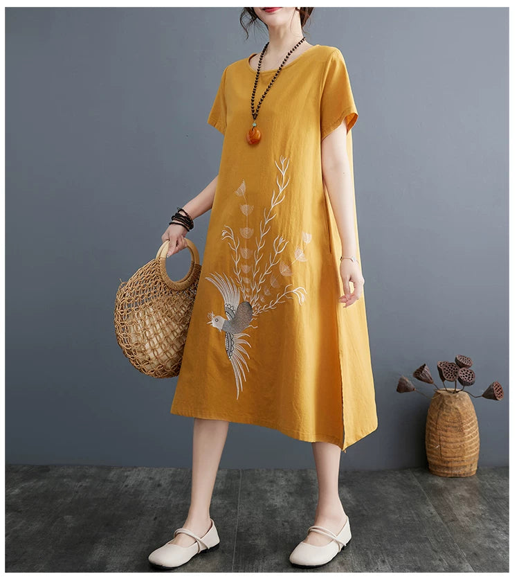 Embroidered Phoenix Short Sleeve Midi Dress