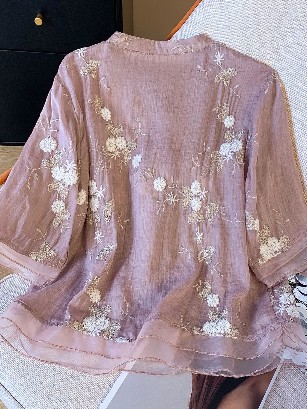 Embroidered Top with Organza Overlay & Button Front