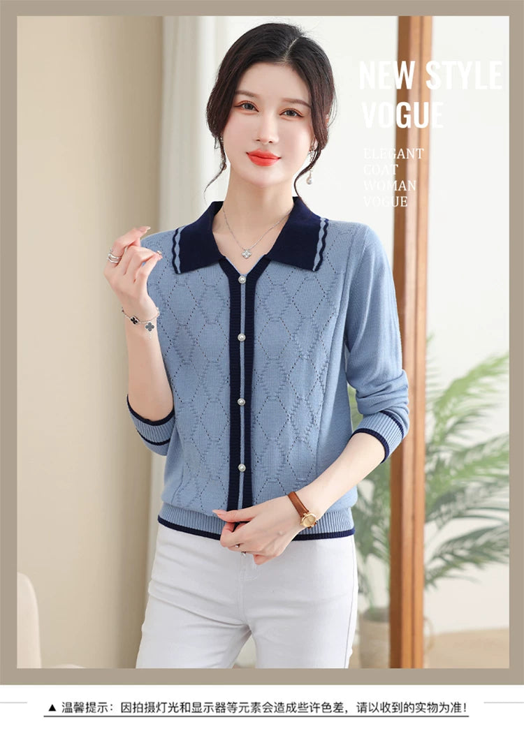 Diamond-Pattern Knit Cardigan with Contrast Collar Trim