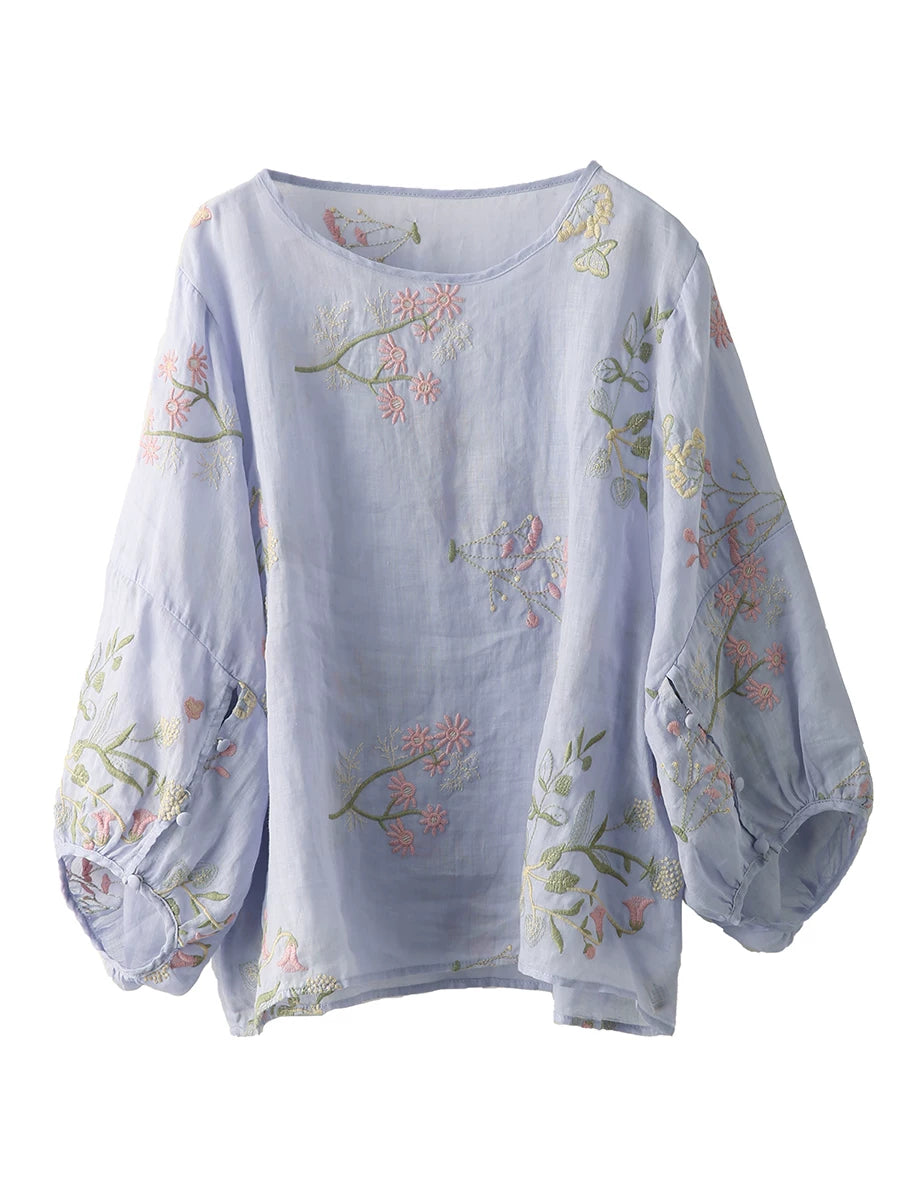 100% Ramie Top with Floral Embroidery & Lantern Sleeves