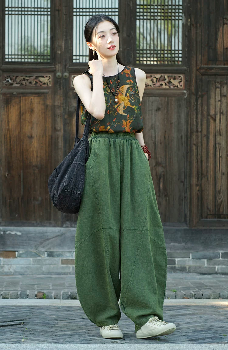 Balloon-Leg Cotton-Linen Pants with Elastic Waist