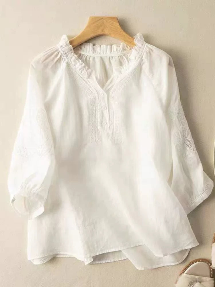 Embroidered Eyelet Lace Trim Half Sleeve Shirt