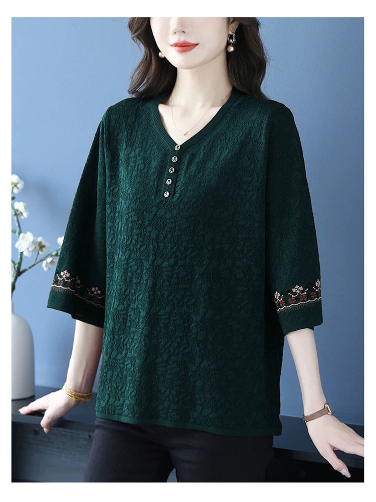 Textured Woven Blouse with Embroidered Cuffs