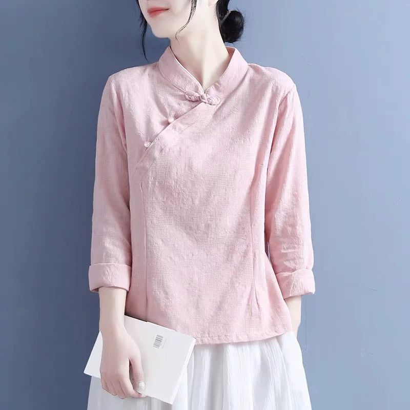 Cotton Linen Long Sleeve Shirt with Decorative Knot Detail