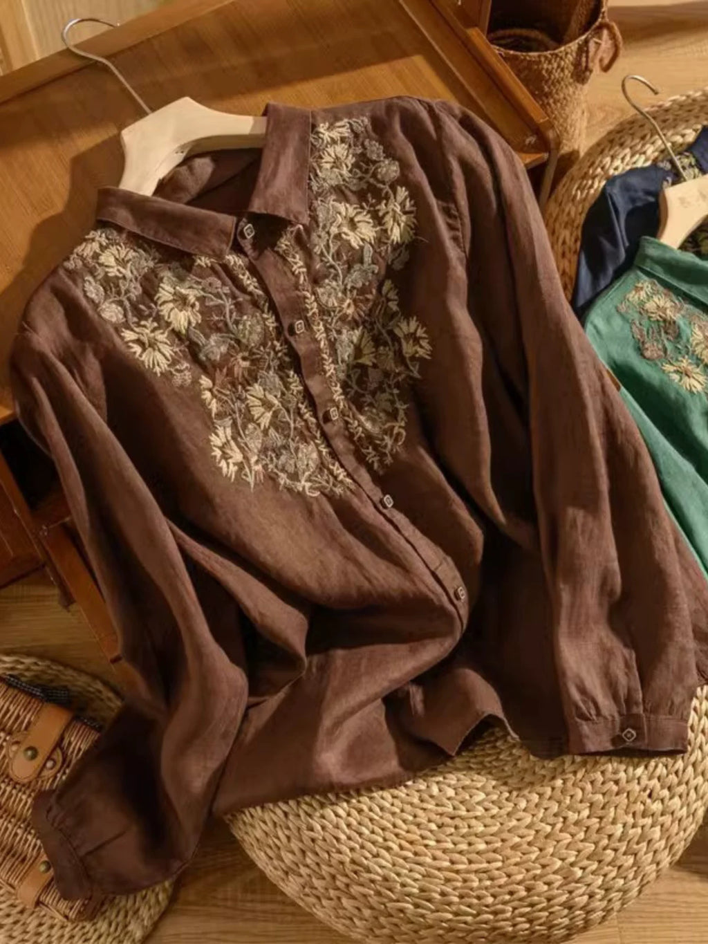Embroidered Cotton-Linen Blouse with Shirt Collar