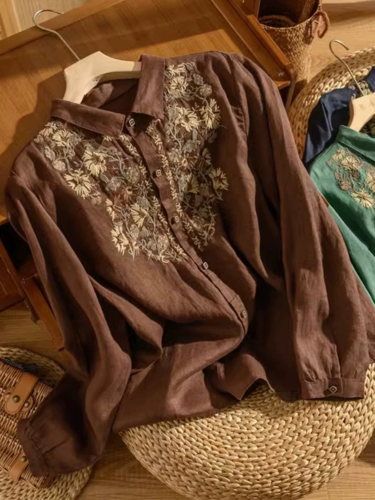 Embroidered Cotton-Linen Blouse with Shirt Collar
