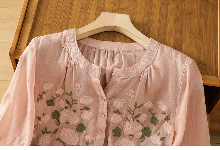 Embroidered Three Quarter Sleeve Cotton Linen Shirt