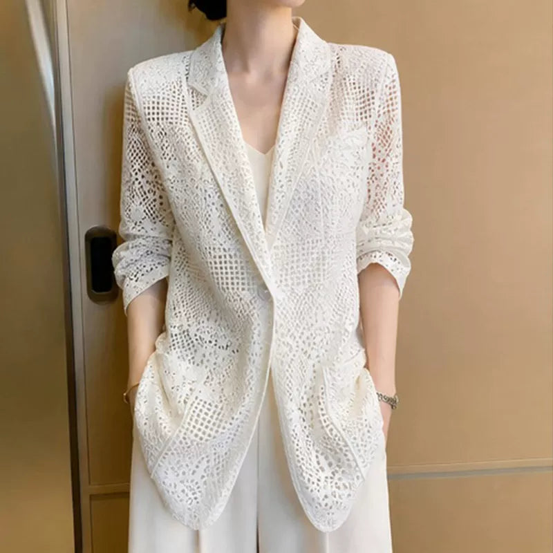 White Hollow-Out Lace Jacket, Open-Front Relaxed Fit