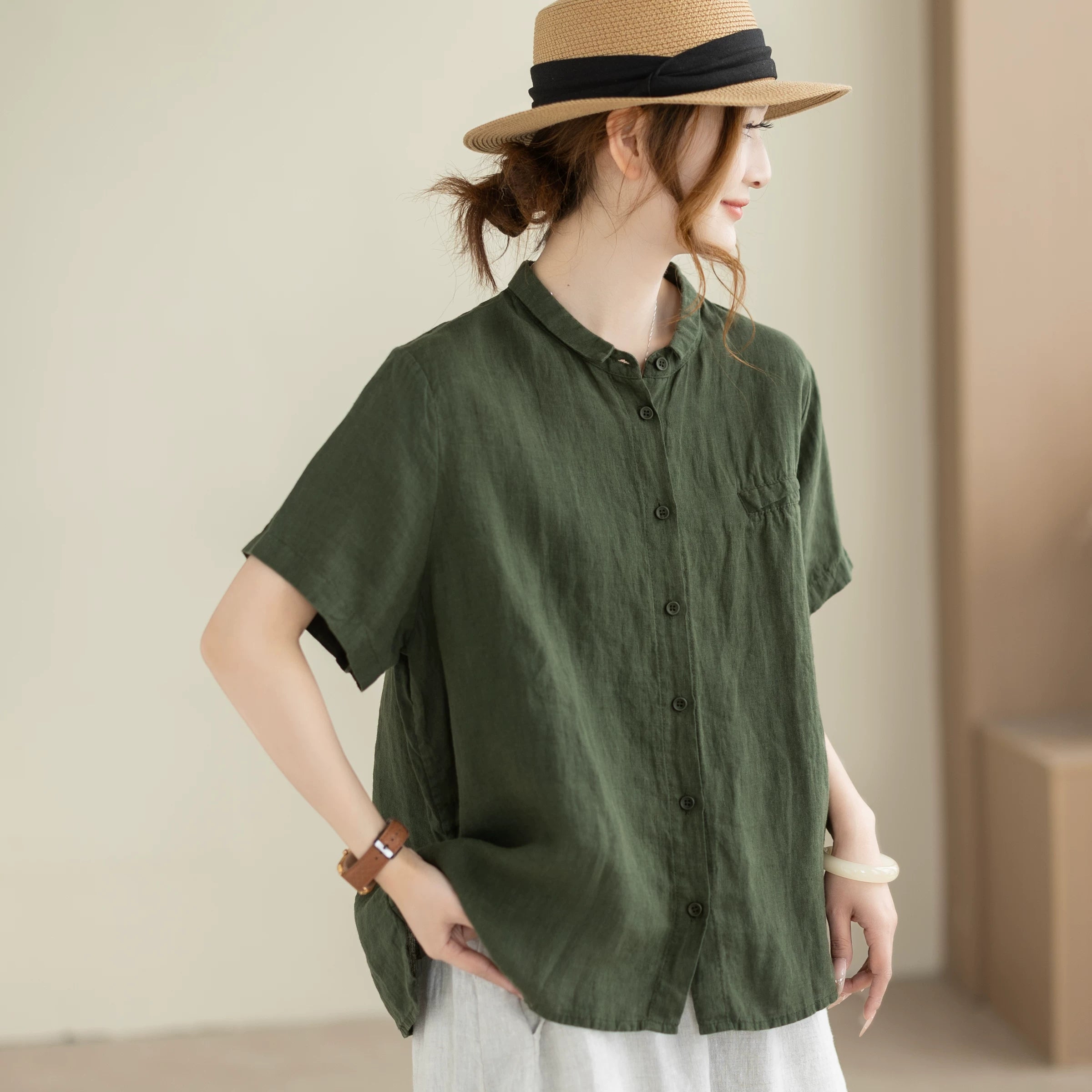 100% Linen Button-Front Top with Small Stand Collar