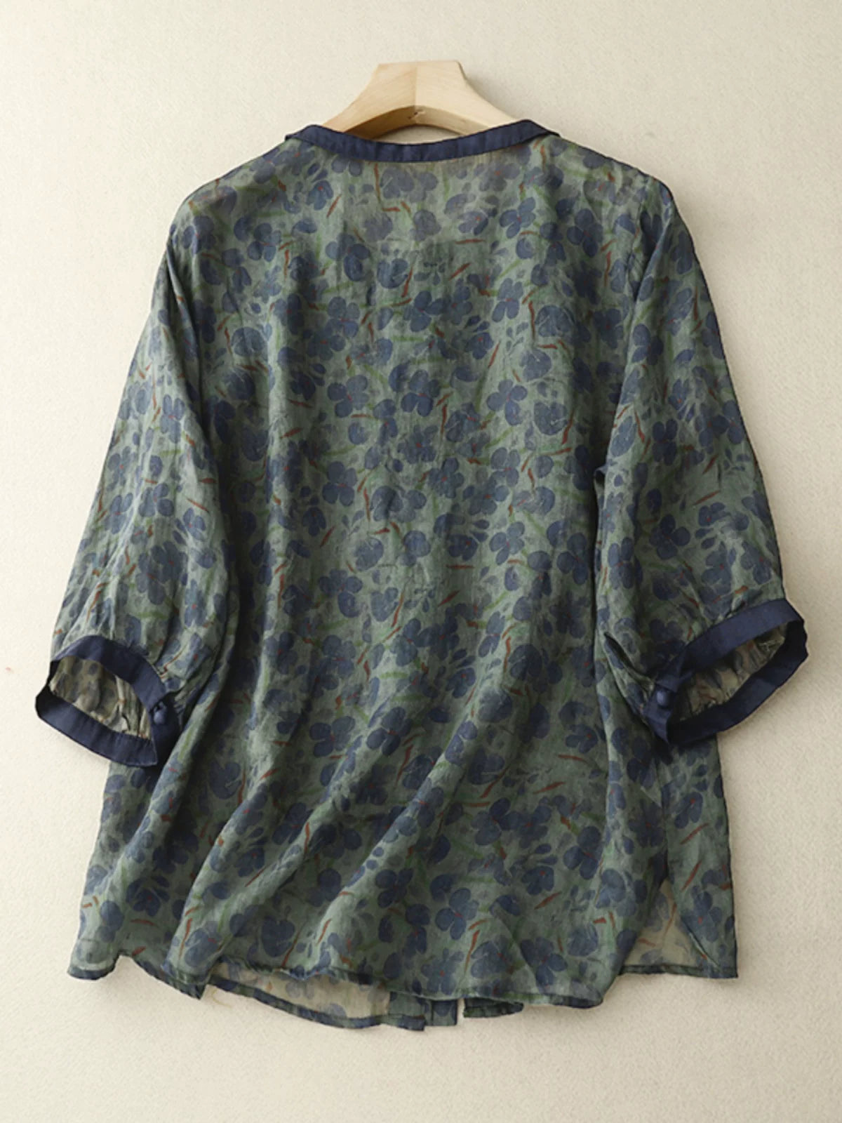 Floral Print Cotton Linen Three Quarter Sleeve Shirt