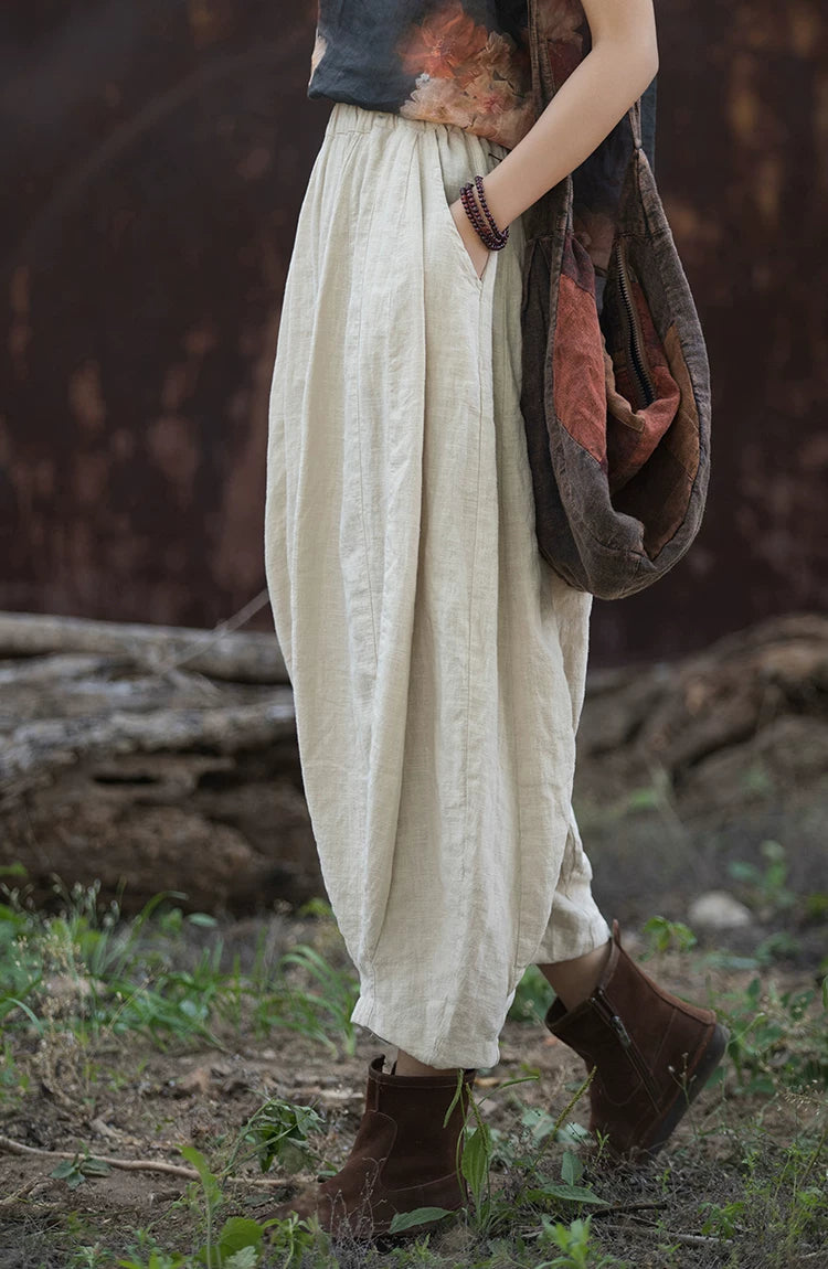 Balloon-Leg Pants in Linen-Look Textured Fabric