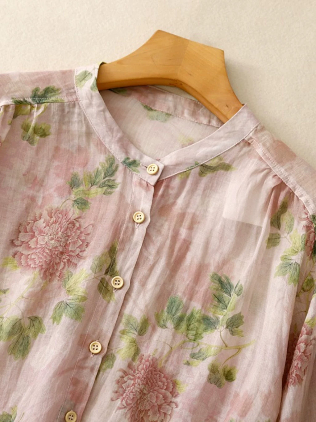 Floral Print Cotton Linen Three Quarter Sleeve Shirt