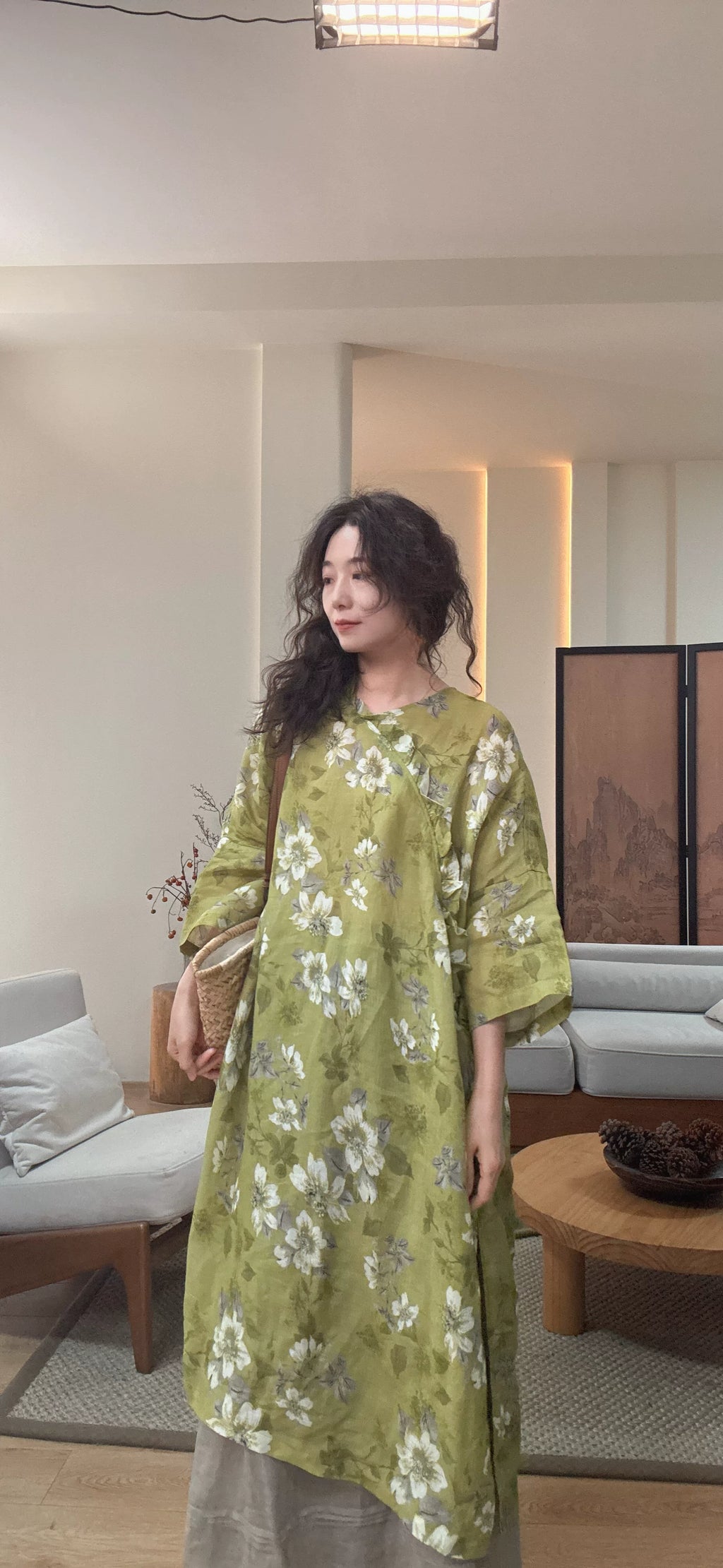 Relaxed Linen Midi Dress with Subtle Print