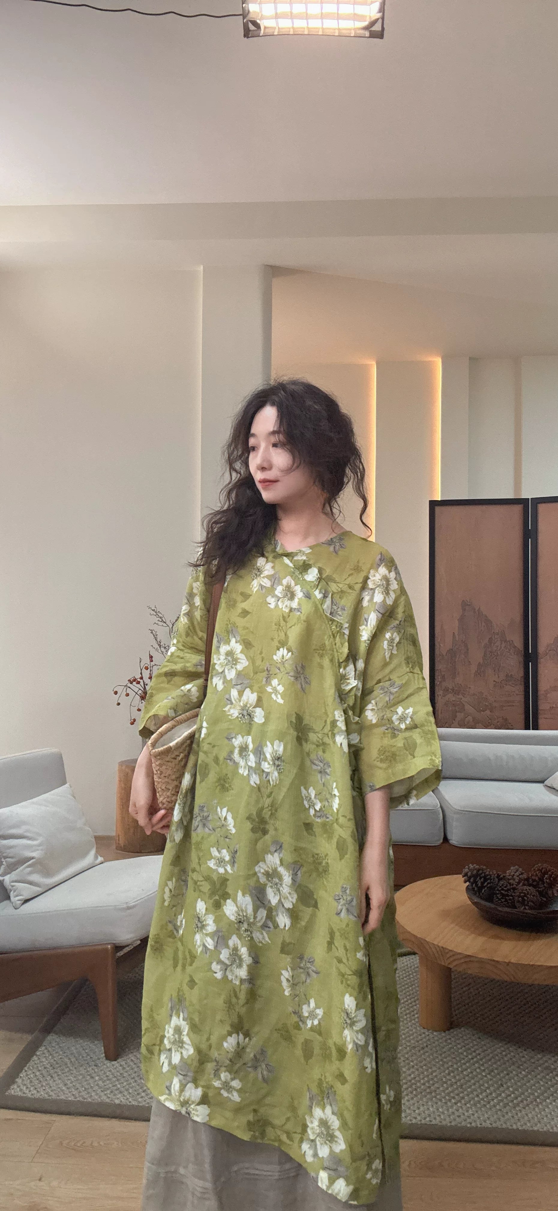 Relaxed Linen Midi Dress with Subtle Print