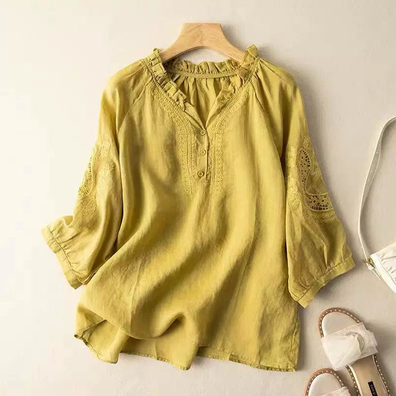 Embroidered Eyelet Lace Trim Half Sleeve Shirt