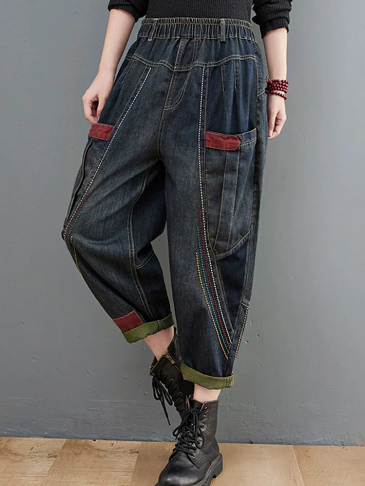 Denim Pants: Relaxed Tapered Barrel-Leg with Elastic Waist