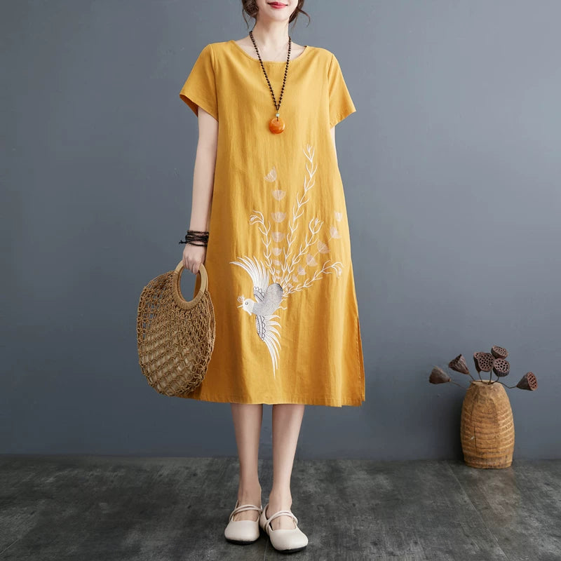 Embroidered Phoenix Short Sleeve Midi Dress