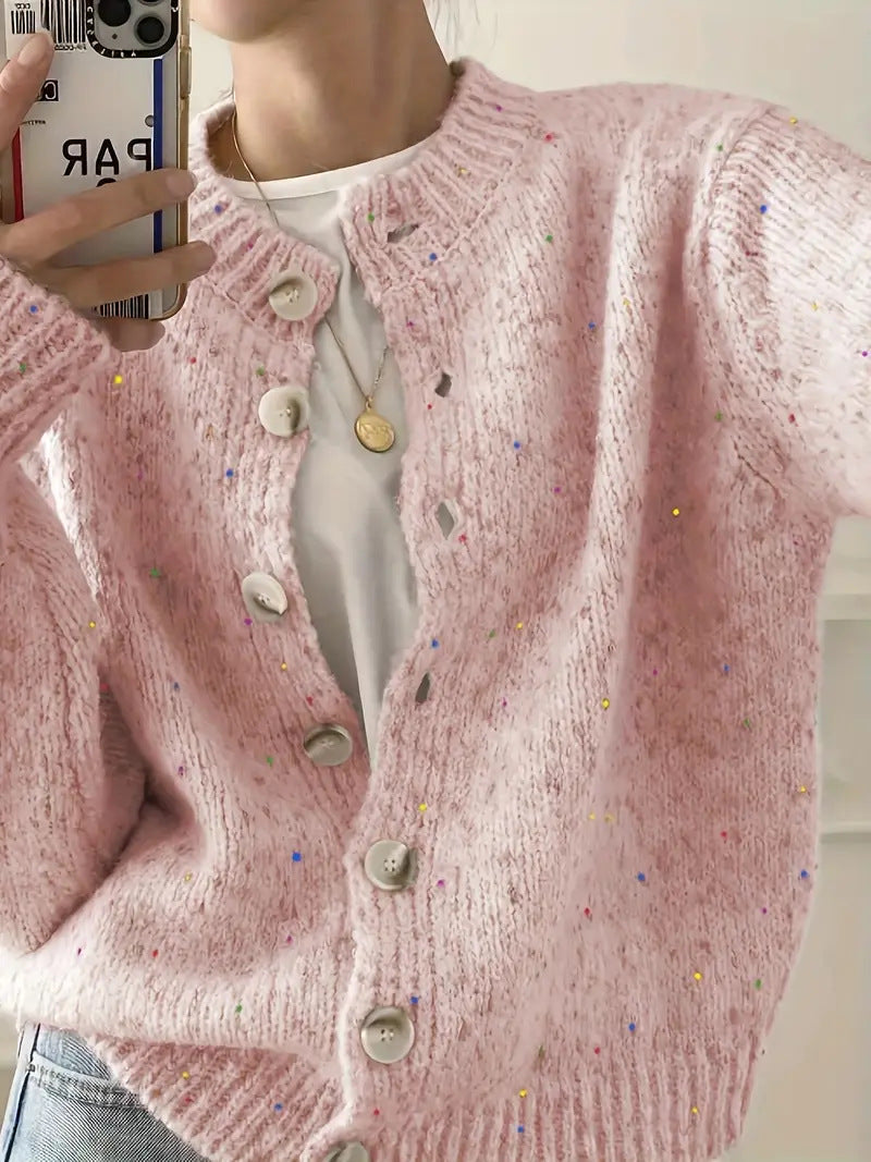 Speckled Yarn Cardigan with Front Buttons