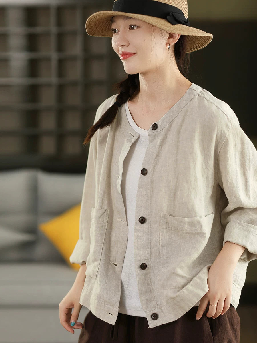 100% Linen Button-Front Top with Patch Pockets