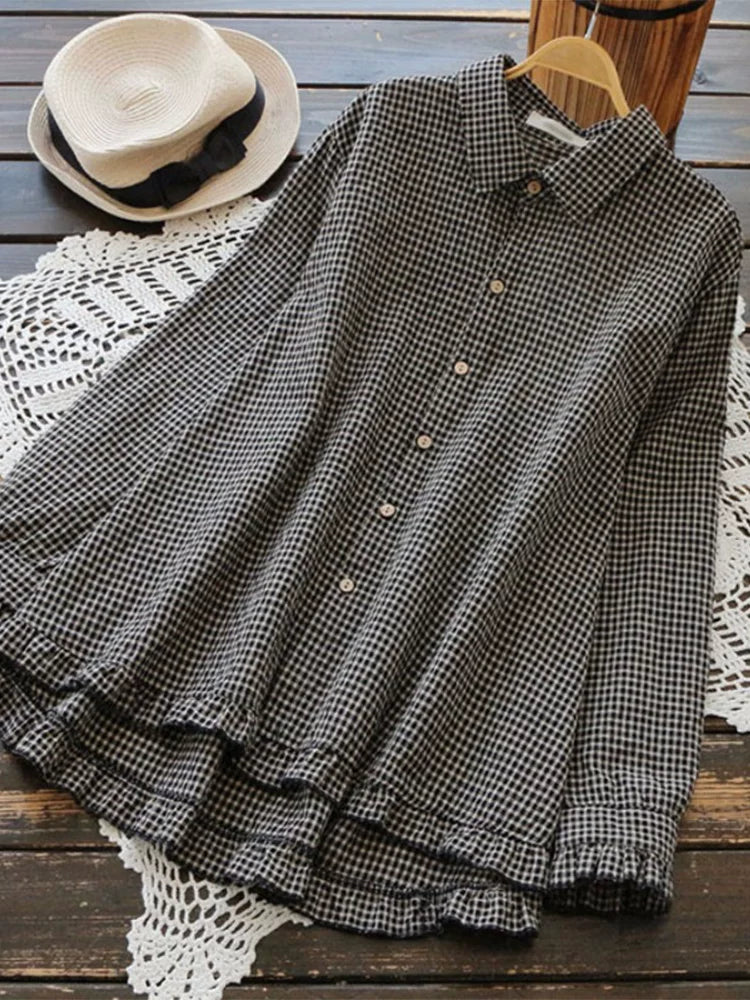 Plaid V-Neck Long Sleeve Shirt