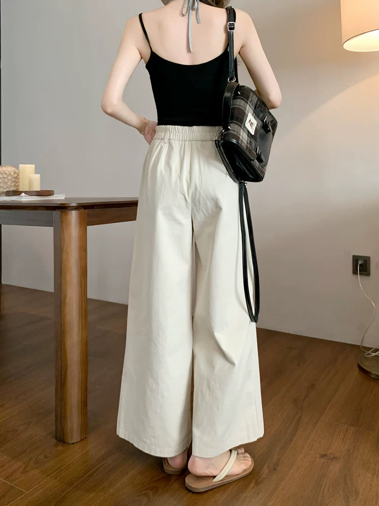 Wide-Leg Pleated Pants in Linen-Look Texture