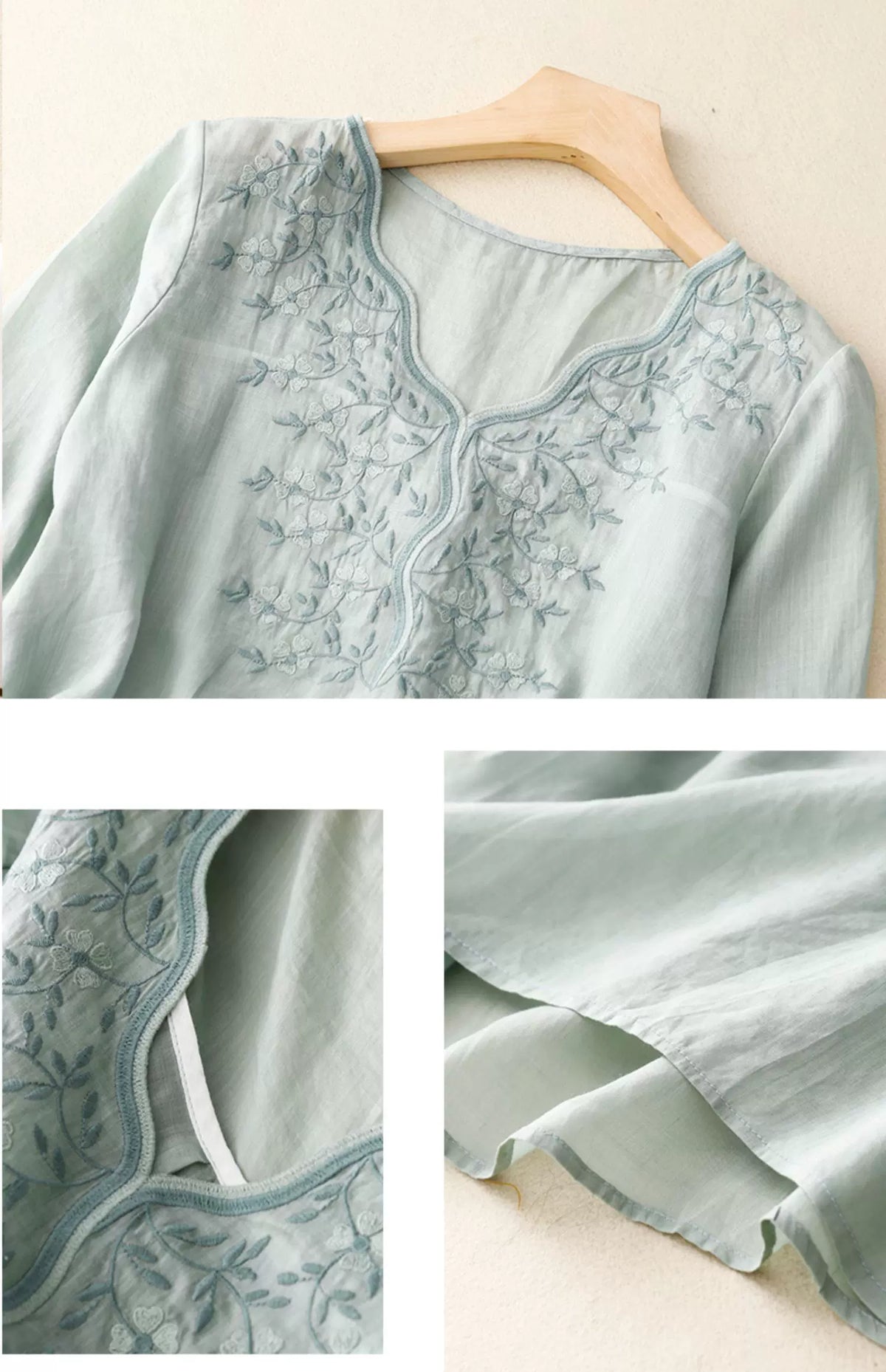 Embroidered Three Quarter Sleeve V-Neck Shirt