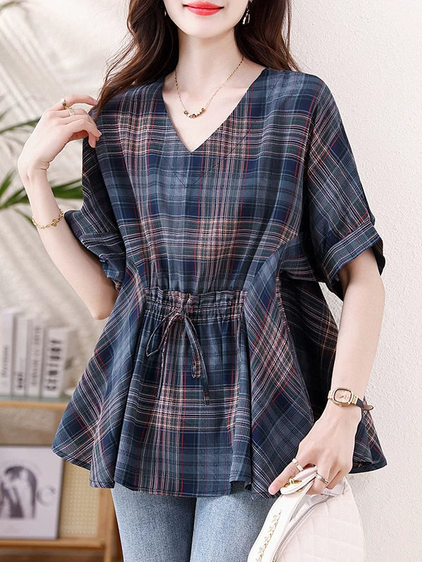 Plaid Chiffon Top with Drawstring Waist