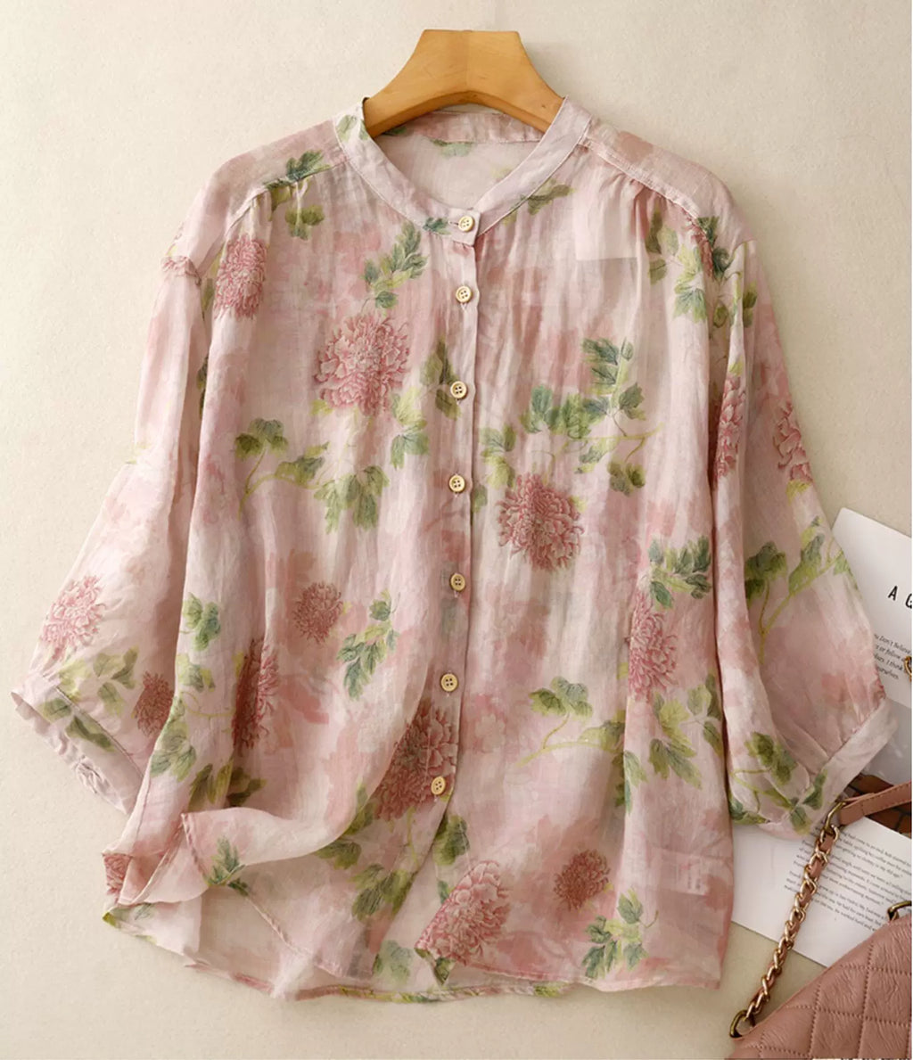 Floral Print Cotton Linen Three Quarter Sleeve Shirt