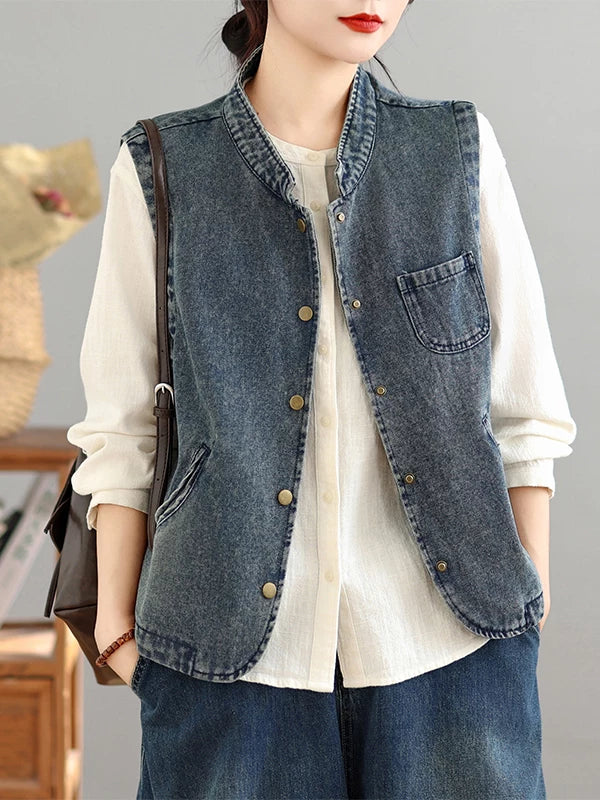 Distressed Washed Denim Vest for Women