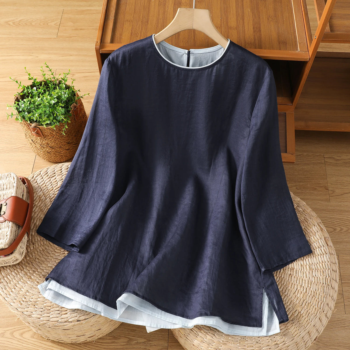 Cotton Linen Three Quarter Sleeve Shirt with Contrast Trim
