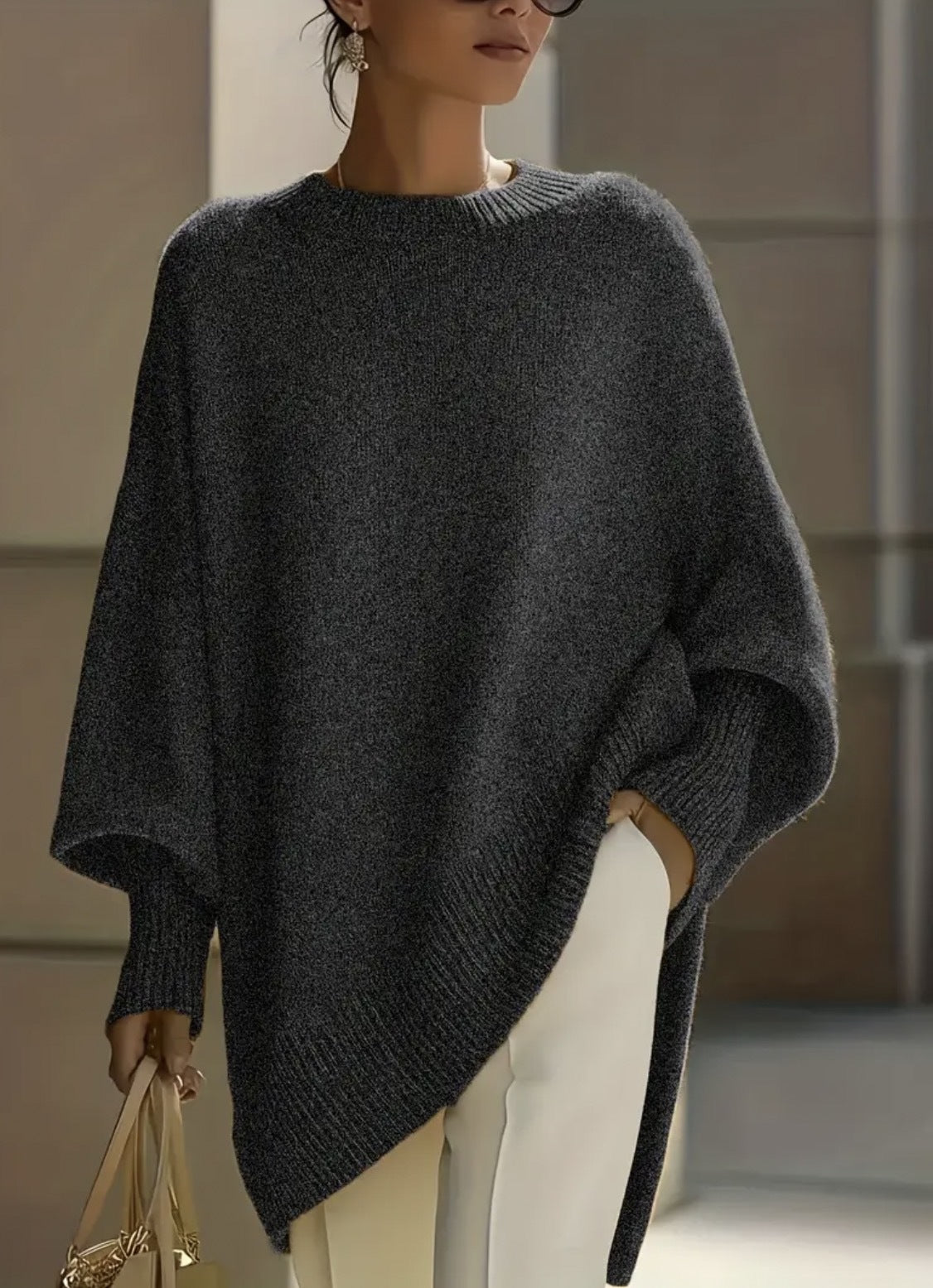 Oversized Knit Sweater with Asymmetrical Hem