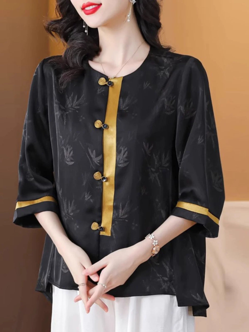 Black Silky-Feel Button Top with Bamboo Jacquard