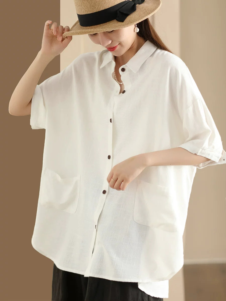 Linen-Look Shirt Collar Top with Patch Pockets