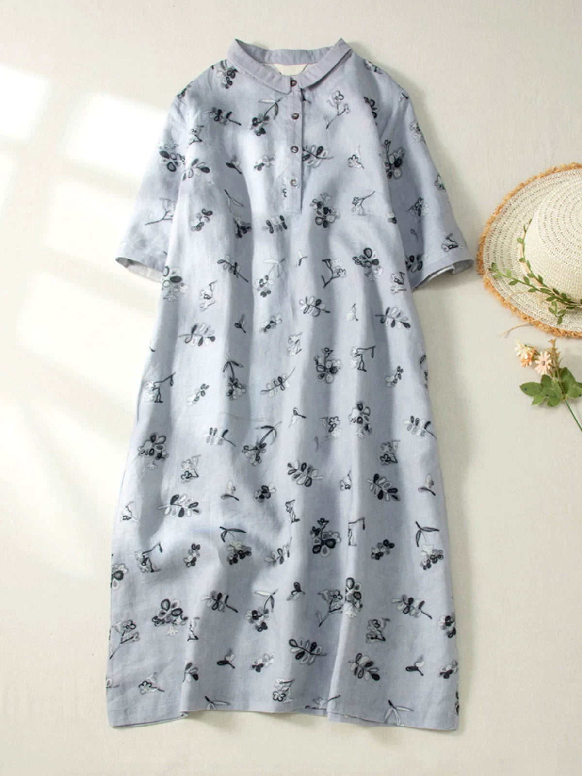 Embroidered Floral Cotton Linen Half Sleeve Midi Dress