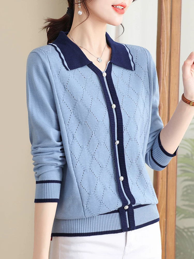 Diamond-Pattern Knit Cardigan with Contrast Collar Trim