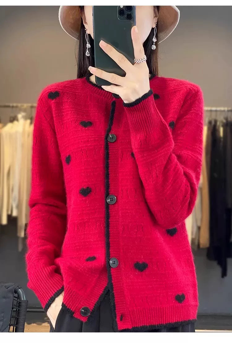 Heart-Motif Wool-Like Knit Cardigan, Relaxed Hip-Length