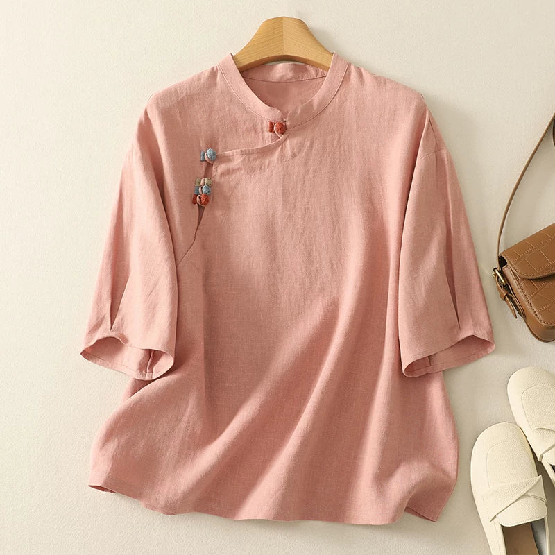 Cotton Linen Half Sleeve Shirt with Asymmetrical Placket