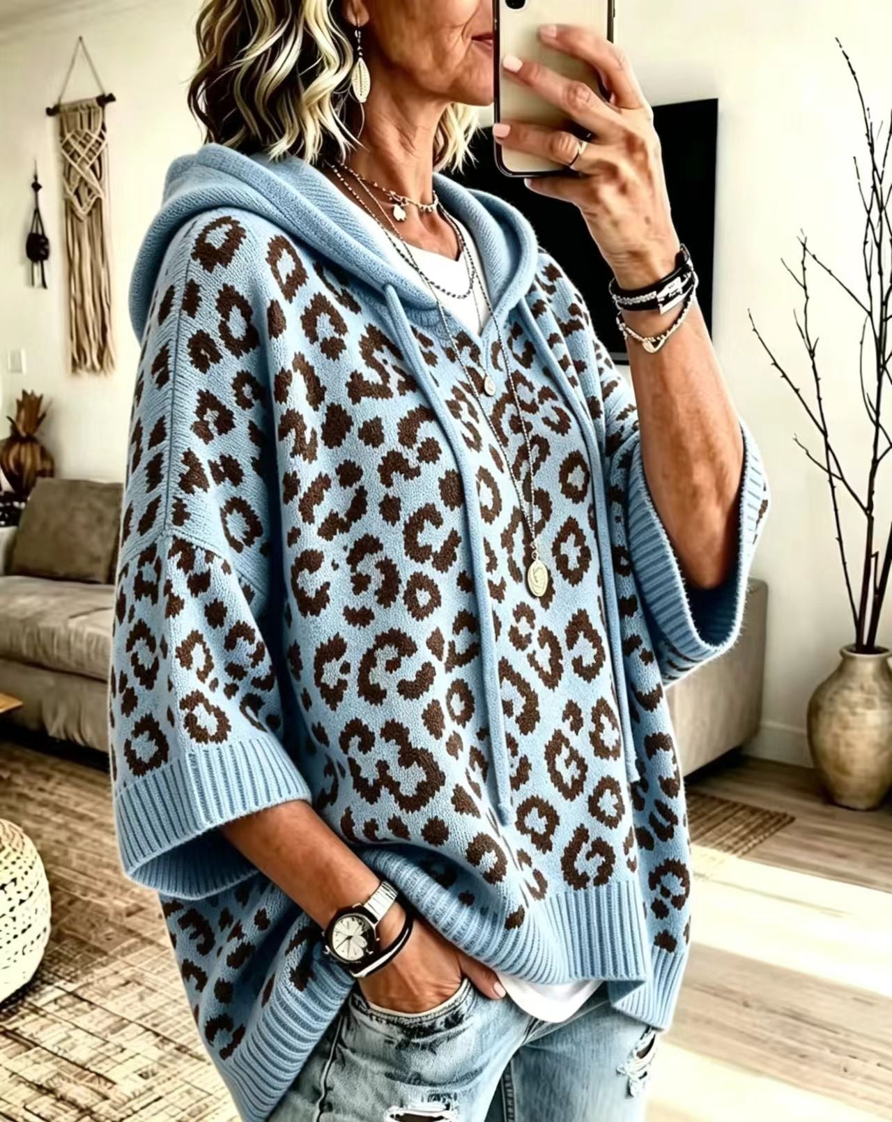 Leopard Jacquard Hooded Knit Top, Oversized Pullover
