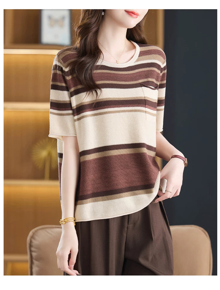Relaxed Striped Knit Top with Chest Pocket