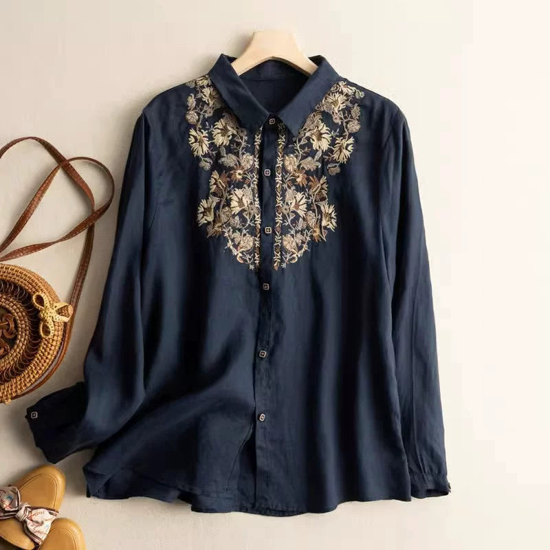 Embroidered Cotton-Linen Blouse with Shirt Collar