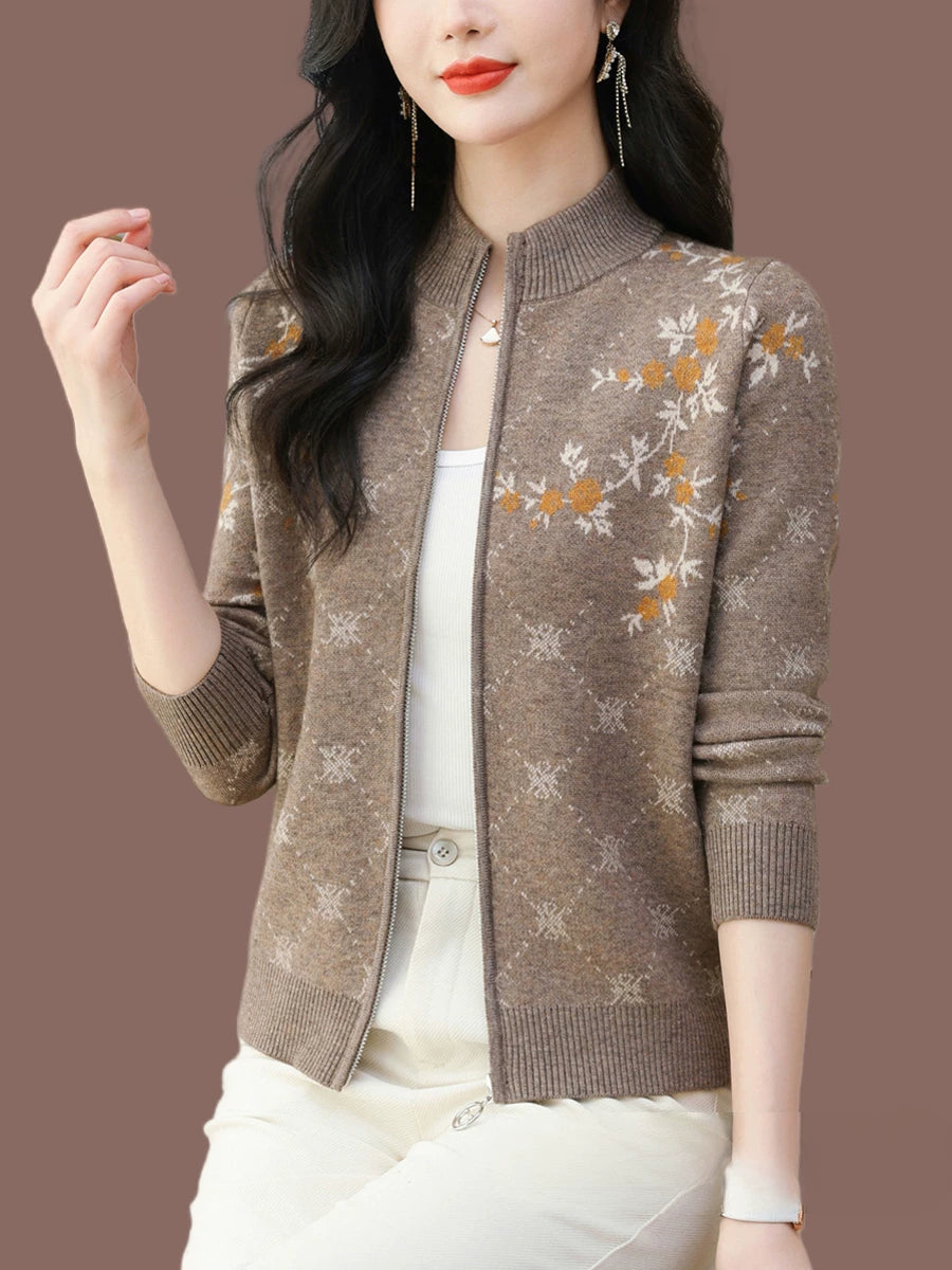 Floral Jacquard Zip-Front Cardigan, Small Stand Collar