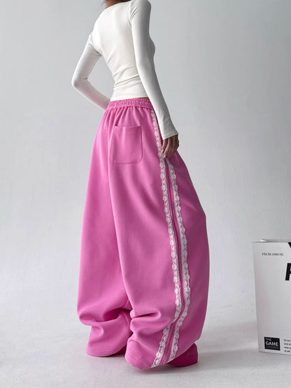 Korean-Style Lace-Trimmed Straight Leg Sweatpants