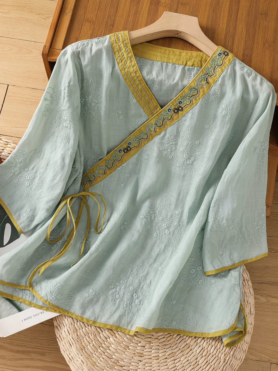 Embroidered Trim Three Quarter Sleeve Shirt