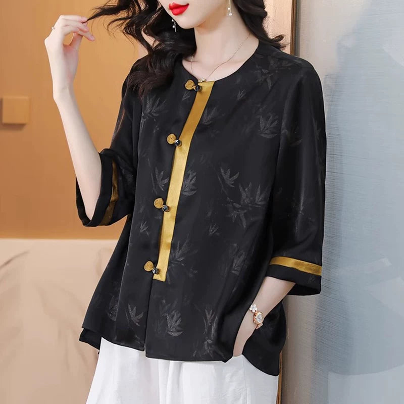 Black Silky-Feel Button Top with Bamboo Jacquard