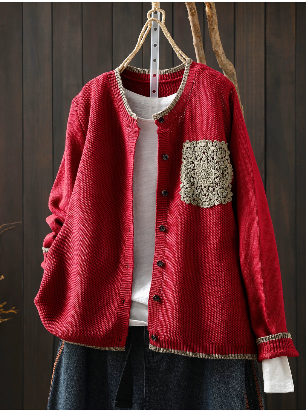 Waffle-Textured Knit Cardigan with Lace Pocket