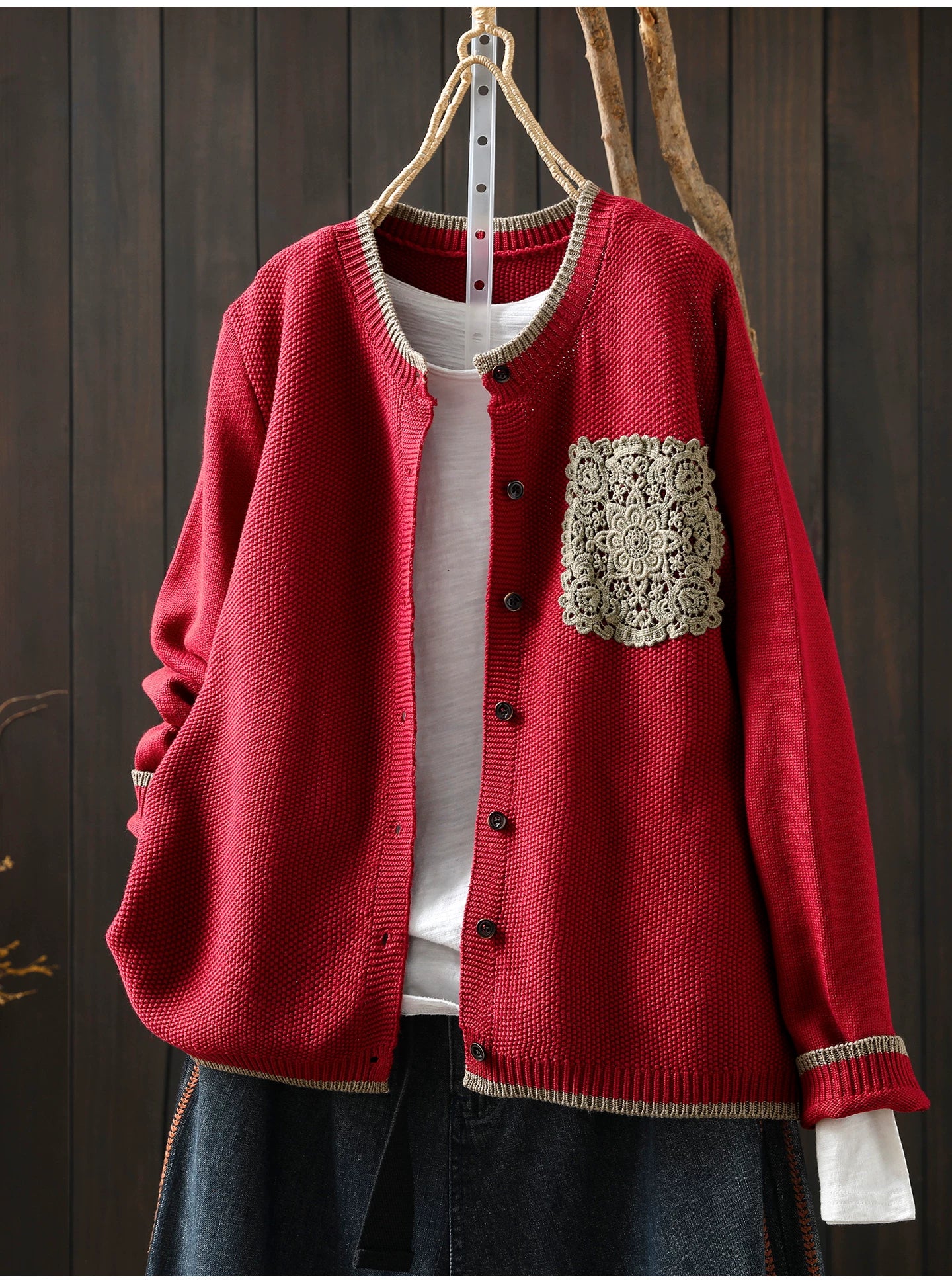 Waffle-Textured Knit Cardigan with Lace Pocket