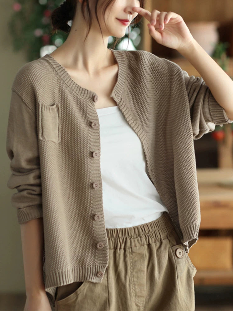 Cotton-Blend Knit Cardigan with V-Neck & Chest Pocket